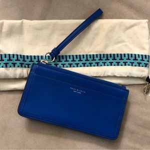 Tory Burch Perry Leather  Zip Wristlet- Mediterranean Blue
